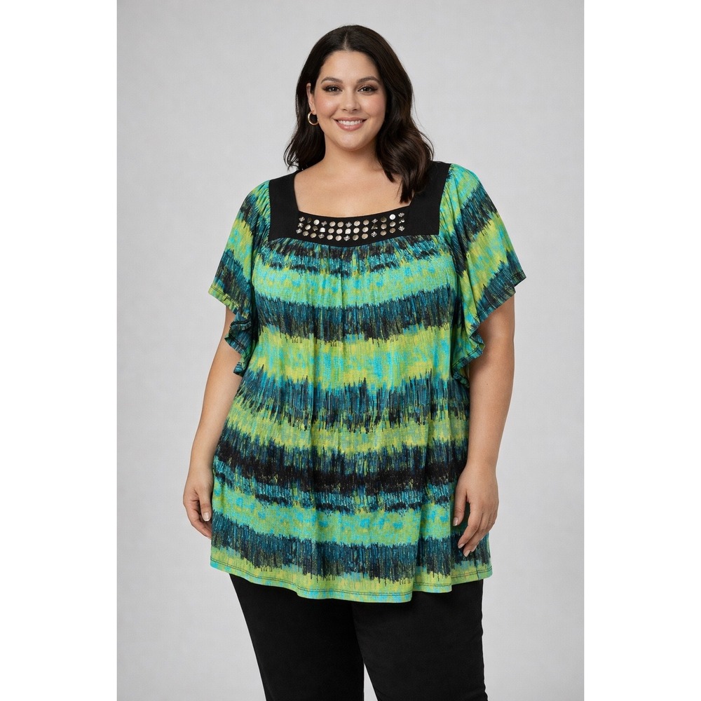 Apt 9 Tunic Top Women 3X Teal Green Abstract Studded Square Neck Short Sleeve